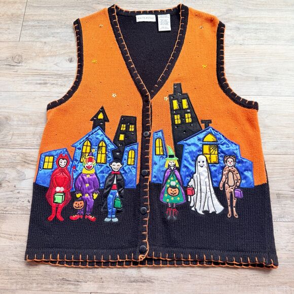 White Stag Sweaters - Vintage Halloween Sweater Vest Large Trick or Treat Haunted House 90s Kitschy